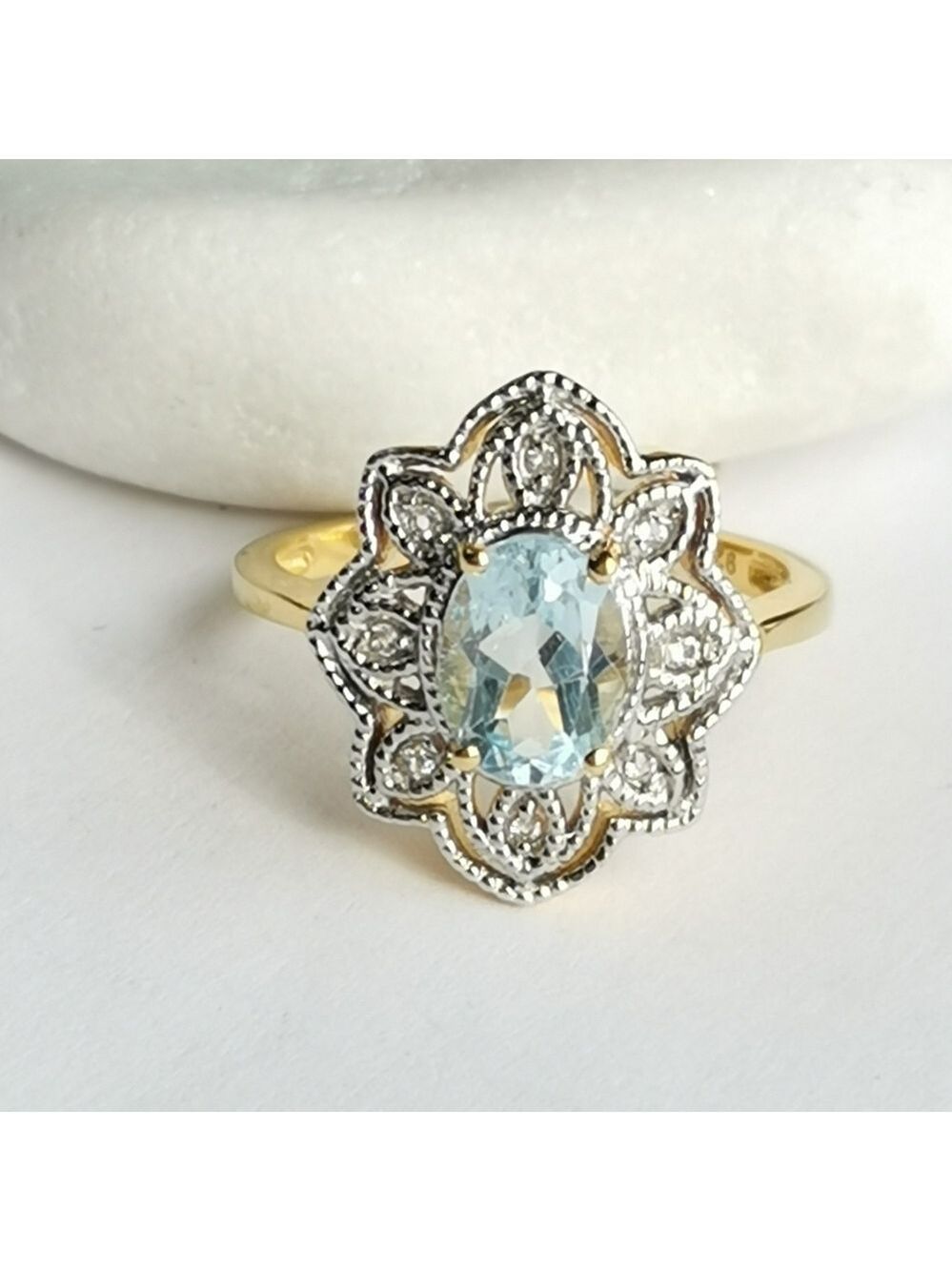 Brazilian Blue Topaz Diamond Ring 14K Gold Sterling Silver Size 7.25 🆕